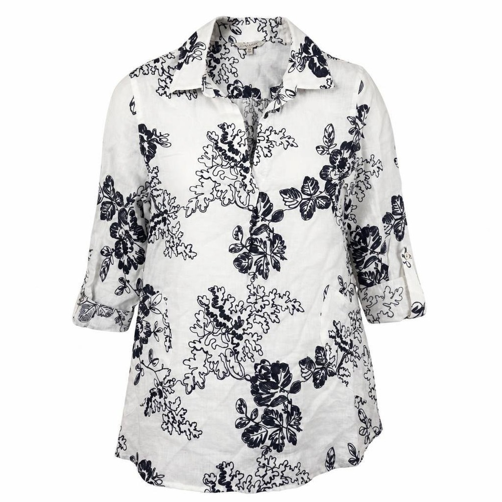 John Mark Top Womens M Blouse Floral Linen Embroidered Tunic Artsy Boho Coastal
